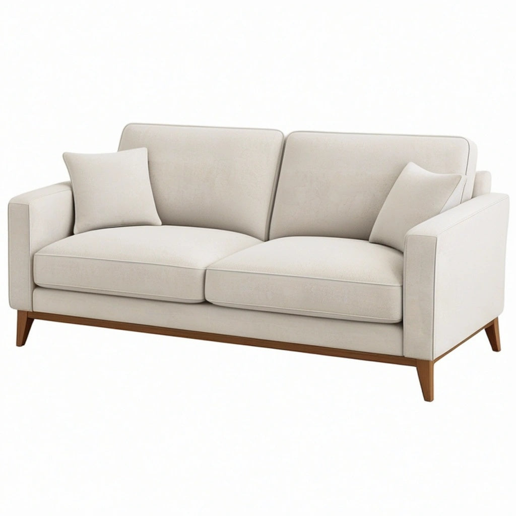 Sofa dwuosobowa 180 x 85 x 85 cm kremowa tapicerowana tkaniną z drewnianymi nogami do salonu w stylu nowoczesnym