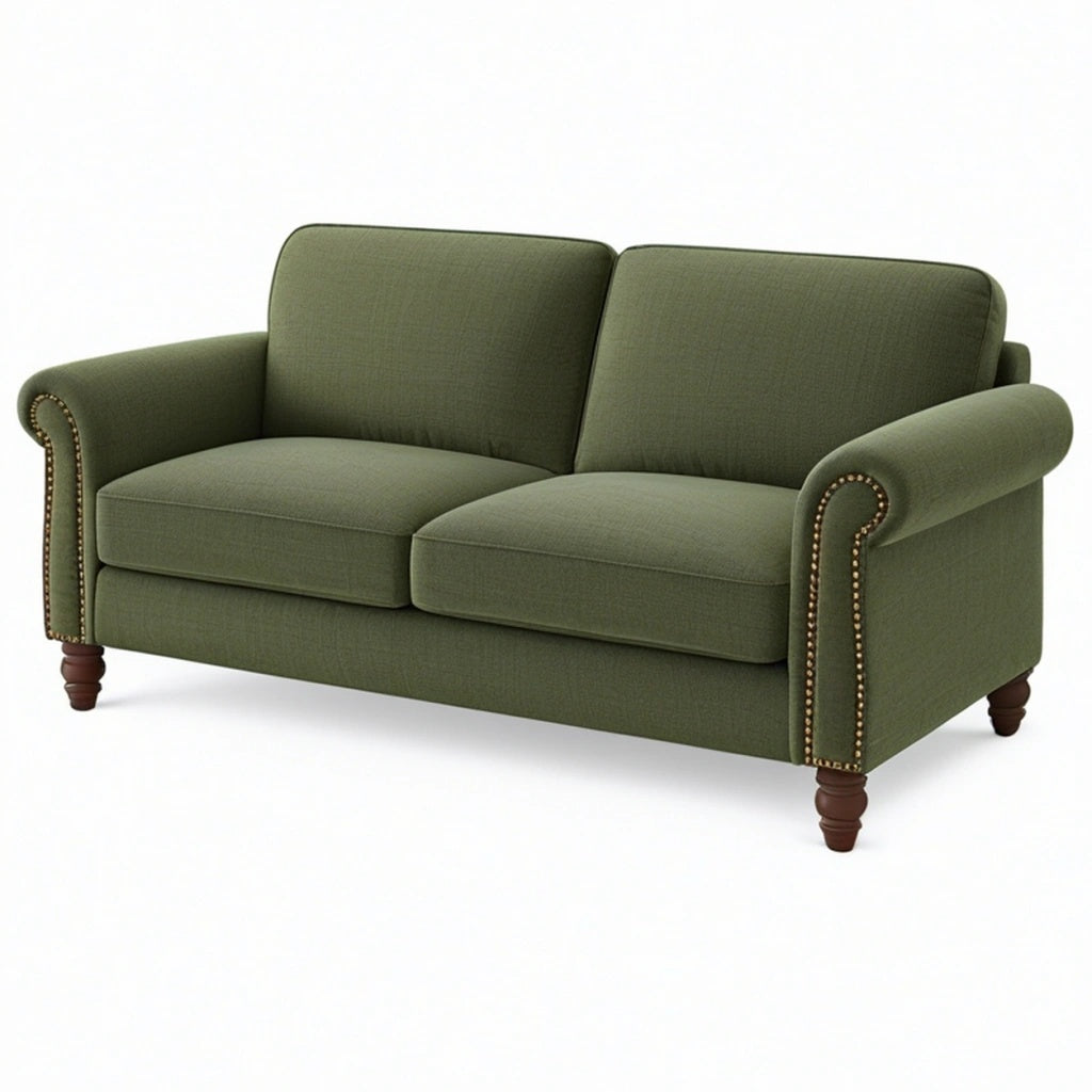 Sofa dwuosobowa 160 x 90 x 90 cm z tkaniny oliwkowa w stylu klasycznym