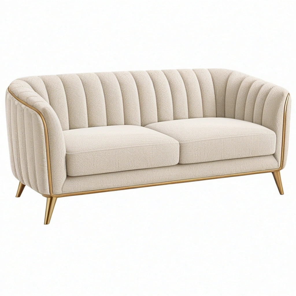 Sofa dwuosobowa 170 x 85 x 78 cm kremowa z tkaniny bouclé ze złotymi metalowymi nogami - styl glamour