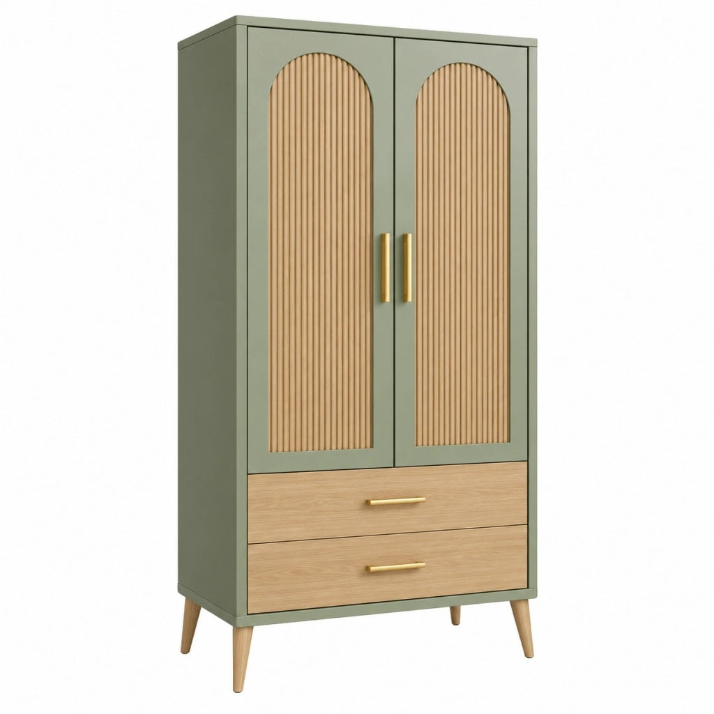 Szafa 90 x 45 x 180 cm zielona i naturalne drewno z 2 drzwiami i 2 szufladami w stylu retro