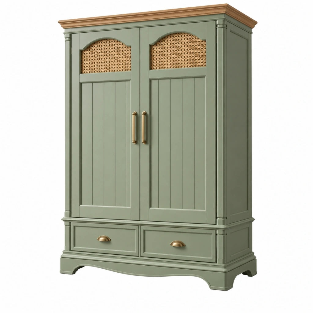 Szafa 100 x 50 x 190 cm z drewna zielona z rattanową plecionką w stylu rustykalnym