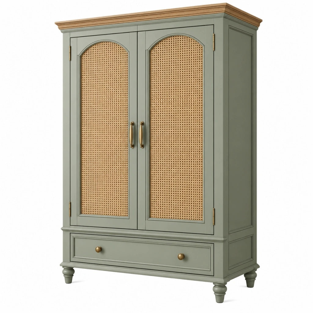 Szafa 100 x 55 x 190 cm z drewna zielona z frontami rattanowymi - styl klasyczny